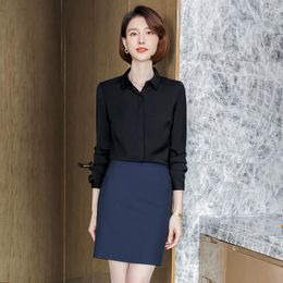 Women's Blouses Formal Black Blouse Shirts Women 2 Piece Skirt And Top Sets Long Sleeve Office Work Wear OL Styles