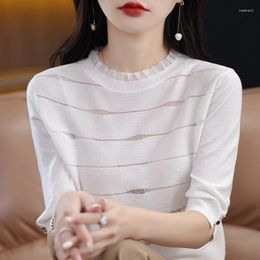 Women's Sweaters Woollen Sweater Short Sleeve Female Summer Style Hollow Lace Collar Wool Knitting Half T-shirt Pullover Top