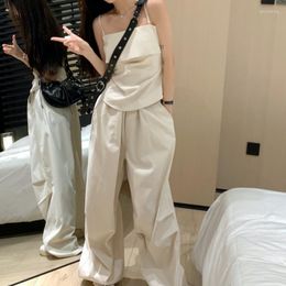 Women's Pants High Street White Cargo Fashion Pocket Hollow Out Straight Mopping Baggy Wide Leg Trouser Ladies Summer