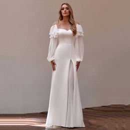 Stylish Sheer O Neck Wedding Dresses Long Puffy Sleeves Bridal Gown Pearls Satin A Line Country Wedding Gowns