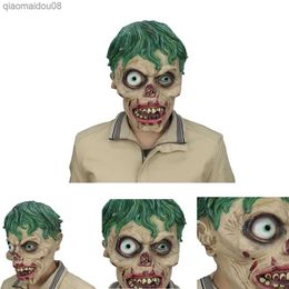 Zombie Cosplay Latex Masks Horror Halloween Party Supplies Green Hair Big Eyes Blooding Helmet Costume Props L230704