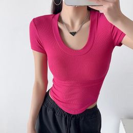 Women's Blouses 2023 Summer Tight Round Neck Pleated Waist Slim Short Sleeve Top Sports Breathable Running T-shirt For Women