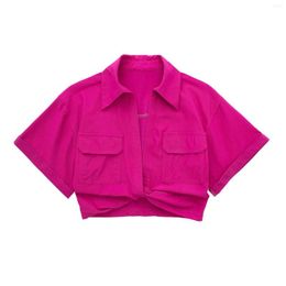 Women's Blouses Women Safari Style Knotted Elastic Linen Cropped Shirts Vintage Short Smock Sleeve Patch Pockets Female Blusa Chic Tops