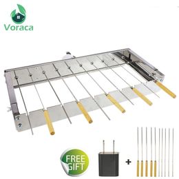 BBQ Grills Automatic Flipping Barbecue Grill with 10 Stickers Stainless Steel Adjustable Width Shelf Holes Skewers Rolling Tools 230704