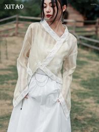 Women's Blouses XITAO Irregular Vintage Women Sunscreen Shirt Thin Casual Fashion Chinese Style V-neck Flare Sleeve Summer HQQ0592