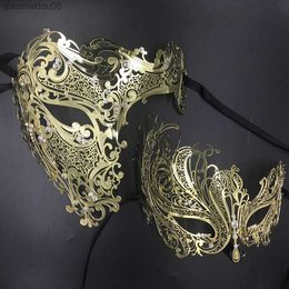 His Her Couple Glitter Rhinestones Metal Filigree Masquerade Mask Venetian Costume Prom Party Ball Christmas Half Skull Mask L230704