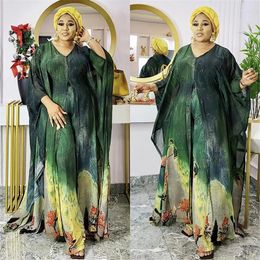 Ethnic Clothing Two Piece Set Chiffon Print Oversize Women Clothes African Dresses Boubou Party Dashiki Long Maxi Dress Pants 2 Outfit