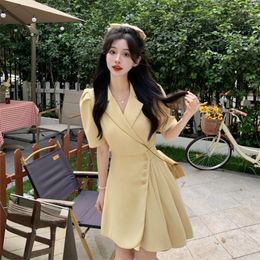 Casual Dresses Blazer Women Short Sleeve Streetwear French Style Dress Office Lady Solid Color Yellow Mini Skirt Loose Summer