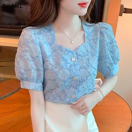 Women's Blouses Vintage Summer Chiffon Shirts Women 2023 Elegant Fashion Short Sleeve Casual Blusas Korean Style White Puff Tops
