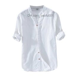 Men's Casual Shirts Cotton Linen Casual Shirts For Men Basic Classic White Shirt Autumn Male Long Sleeve Stand Collar Breathable Men's Clothing 230706