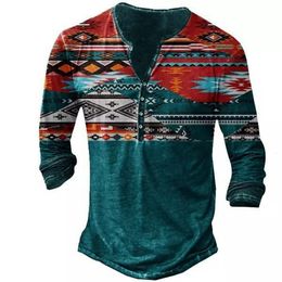 Men's T-Shirts Vintage Men T Shirts With Button Ethnic Pattern Summer 3d Print Tees O Neck Long Sleeve Cotton Oversized T-Shirt Male Clothing 230703