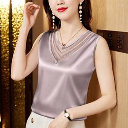 Women's Blouses 2023 Summer Womens Tops V-Neck Sleeveless Blouse Women Lace Basic Clothing Satin Tank Top Silk Elegant Office Lady