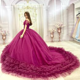 Fuchsia Shiny Princess Quinceanera Dress Off the Shoulder Ruffles Beading Tulle For 15 Girls Pleat Crystal Ball Party Gowns