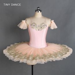 Pale Pink Spandex Bodice Professional Ballet Dance Tutu with Sparkling Gold Sequin Trim Pancake Tutu Skirt for Girls BLL405254L