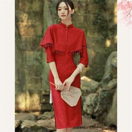 Ethnic Clothing Elegant Mandarin Collar Chiffon Cheongsam With Beaded Tassel Shawl Seven Points Sleeve Qipao Chinese Women Dress