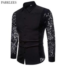 Men's Casual Shirts Men's Casual Shirts Black Lace Men Autumn Slim Fit Long Sleeve Mens Dress Nightclub Prom Marriage Camisas Masculina XXL 221117 230706