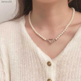 IFMIA Korean Fashion Hollow Love Heart Pendant Necklace For Women Girls New Pearl Chain Collar Necklace Jewellery Female L230704