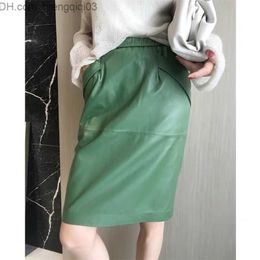 Skirts Leather skirt women with pockets midi skirts womens genuine black and green sheepskin leather pencil skirt high waist Z230707