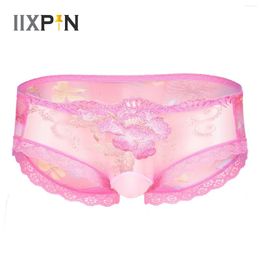 Underpants Mens Sissy Panties Flower Embroidery Lace Trim Briefs Low Rise Bulge Pouch See-through Mesh Gays Underwear