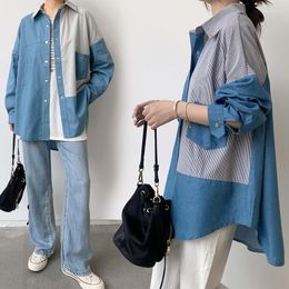 Women's Blouses 2023 Spring Autumn Fashion Medium And Long Denim Patchwork Stripe Design Sleeve Loose Shirt Coat H167
