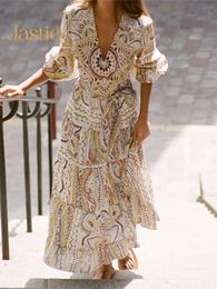 Urban Sexy Dresses Jastie Vintage Women Long Sleeve Printed Dress Casual V-neck Lace-up Floral Long Dress Bohemian Fashion Vacation Beach Vestidos 230703