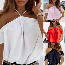 Women's Blouses Women 2023 Summer Off Shoulder Halter Blouse Shirts Sexy Backless Solid Colour Tops Tees Ladies Elegant Short Sleeve Shirt