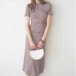 Party Dresses Wooden Ear Patchwork Pleated Women Dress 2023 Spring Summer Drawstring High Waist Plaid