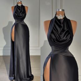 Elegant Black Evening Gown Beads High Collar Split Party Prom Dresses Sweep Train Formal Long Dress for red carpet special occasion