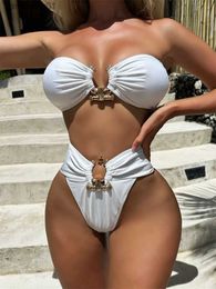 Luxury Metal Designer High Waist Bikinis Set Women Solid White Blue Bandeau Push Up Swimwear 2023 Bathing Suit Tanga Swimsuit L230619
