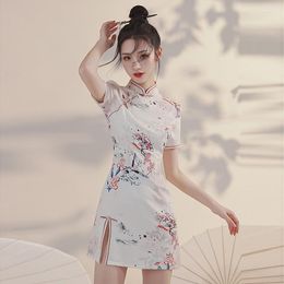 Ethnic Clothing 2023 Summer Short Cheongsam Little Girl Asian Dress Floral Fan Slim Vintage Plus Handmade Button Improved Qipao 2XL White