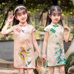 Ethnic Clothing Girls' Summer Short Sleeve Qipao Skirt Fashionable Fairy Baby Ink Silk Children's Dress Thin Style Printing Mid Length Versi