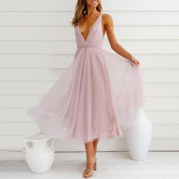 Casual Dresses Sling Dress Sleeveless Deep V-Neck Backless Net Yarn Flowy Hem Midi Gauze Women Evening Wedding Party