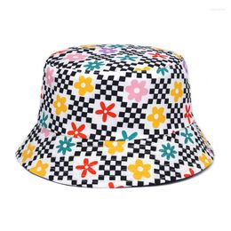 Berets 2023 Fashion Men Women Panama Hat Floral Print Bucket Hats Reversible Fishing Cap Summer Sun Female