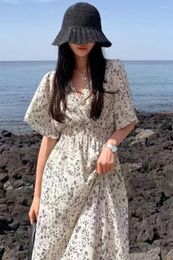 Casual Dresses Romantic Holiday Style South Korea East Gate Chic2023 Refreshing Flare Sleeves Elastic Waist Long Fragmented Flower Dress