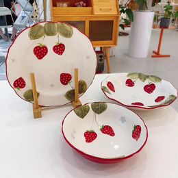 Bowls Strawberry Ceramic Bowl Plate Set Dessert Breakfast Vegetable Soup Fruit Creative Practical Korean Style Homehold Supplies