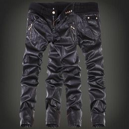 Whole- Korean Fashion cool Mens rock leather pants Black faux Tight skinny Plus size 30 31 32 33 34 36 Punk trousers319V