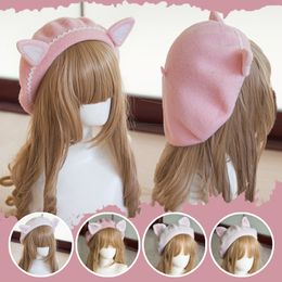 Cute Girls Kawaii Beret Lovely Cat Ear Beanies Sweet Lolita Headwear Pink Beanies Hat Handmade Wool Felt Women Elegant Beret