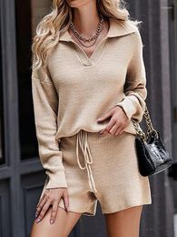 Women's Tracksuits Drawstring Wide Leg Shorts Women Two Piece Set Casual Loose Solid V Neck Top Suit Elegant Femme Office Outfits 2Pcs