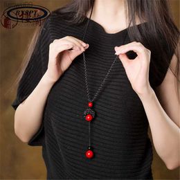 BYSPT Manmade Knotted Red Stone Beads Long Tassel Retro Ethnic Necklace Sweater Chains L230704