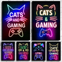 Wallpapers Nordic Cat And Gaming Controller Quotes Poster Aesthetic Canvas For Wall Art Mural Gamer Zone Boys Girls Room Decor (not Neon) J230704