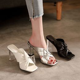 Slippers Women Square Summer Toe Fashion Thin High Heel Ladies Mules Elegant Female Outside Slides Sandal Shoes b