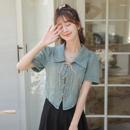 Women's Blouses 2023 Summer Denim Shirts For Women Turn-down Collar Short Sleeve Slim Bandage Korean Shirt 9068