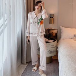 Women's Sleepwear Women Pajamas Noble Sexy Lingerie Pointed Collar Long Cartoon Pyjamas Silk Home Service Two-piece Loungewear