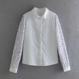 Women's Blouses White Sequin Shirt Blouse Women Sequined Long Sleeves Patchwork Female Chic Lady Elegant Top 2023