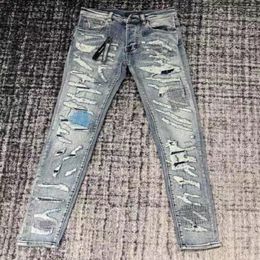 HM545-2 High quality Mens jeans Distressed Motorcycle biker jean Rock Skinny Slim Ripped hole stripe Fashionable snake embroidery 285N