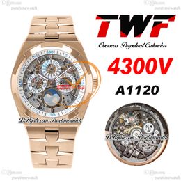 TWF Overseas Perpetual Calendar Moonphase 4300V A1120 Automatic Mens Watch Rose Gold White Skeleton Dial Stainless Steel Bracelet Super Version Puretime B13