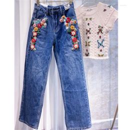 Women's Jeans Rhinestone High Waist Embroidered Loose Slim Wide Legs Stretch Women