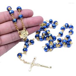Pendant Necklaces Blue Glass Crystal Rosary Beads Necklace Jesus Cross For Women Religious Catholic Prayer Blessing Jewellery Gifts