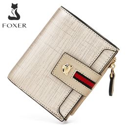 FOXER Card Holders Split Leather Standard Wallets Women's Coin Purse Zipper Wallet High Quality Short Clutch Bag with Pendant