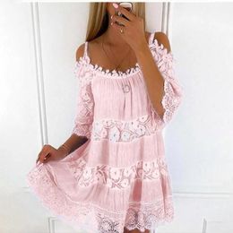 Dresses Women Summer Lace Embroidery Mini Dresses Elegant Off Shoulder Sling Princess Casual Solid Loose Pattern Party Dress